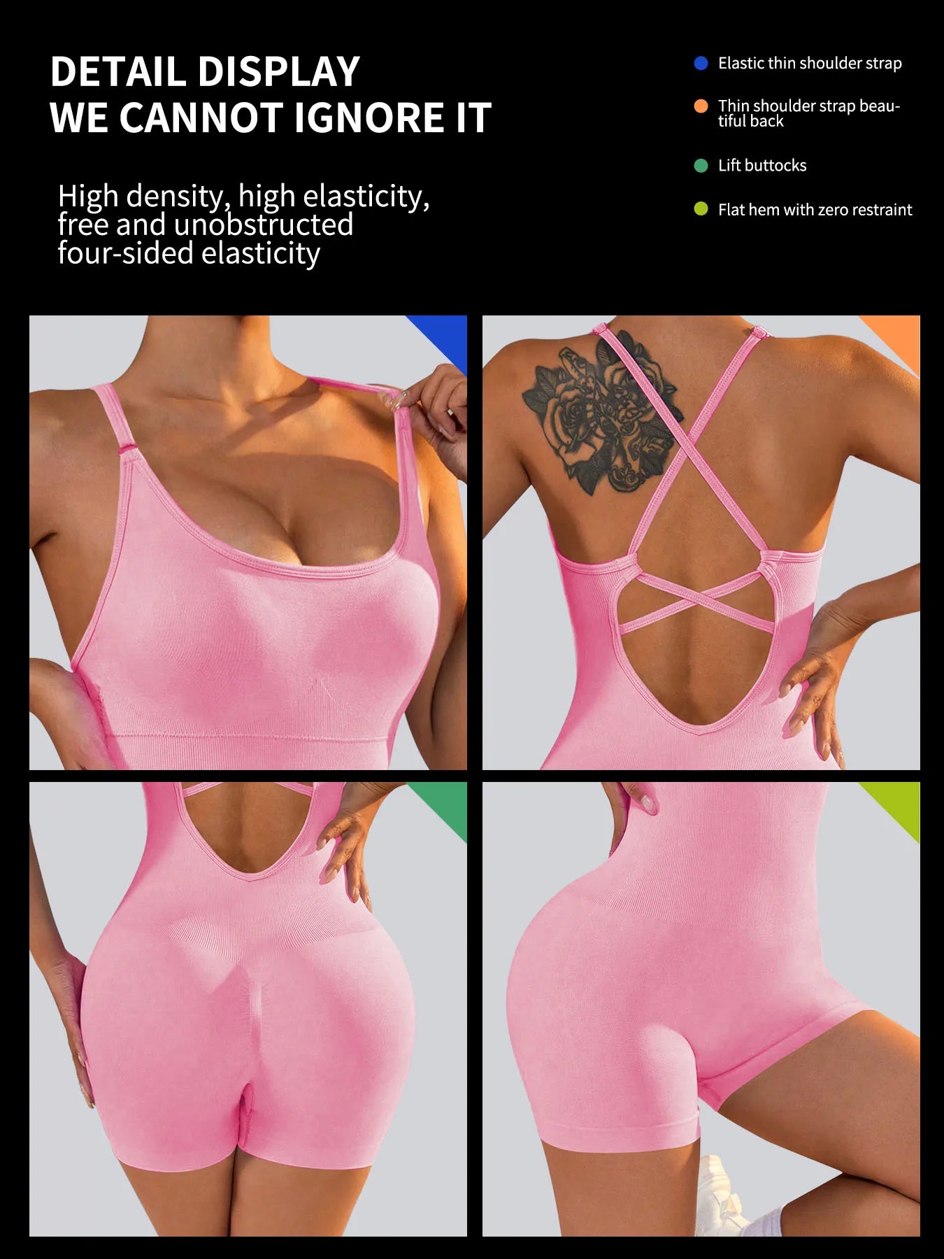 Women's Sexy Fitness Jumpsuit Cross Adjustable Sports Playsuit One Piece Yoga Suit with Scrunch Shorts And Backless Design