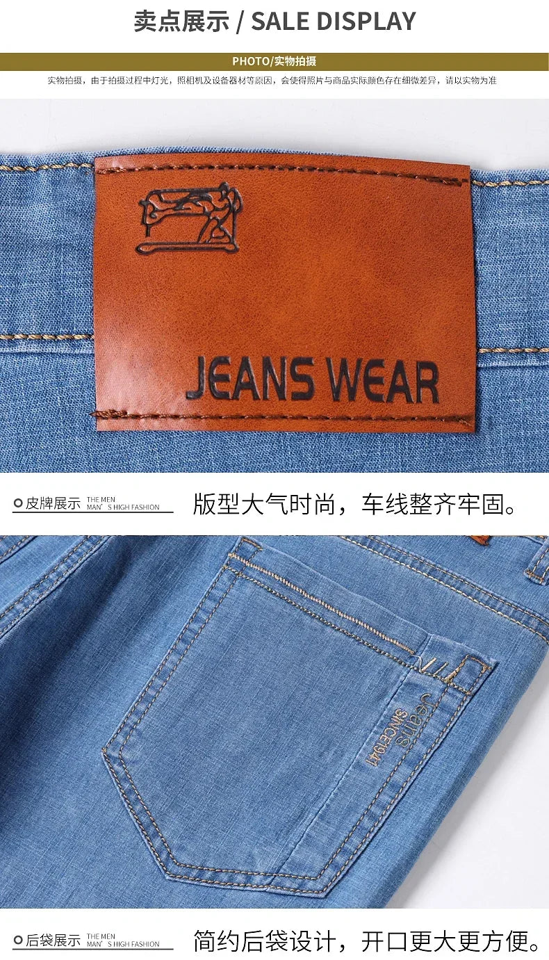 Business Thin Denim Jeans for Men Straight Stretch Cotton Work Pants Business Casual Lightweight Trousers Spring Autumn Workwear