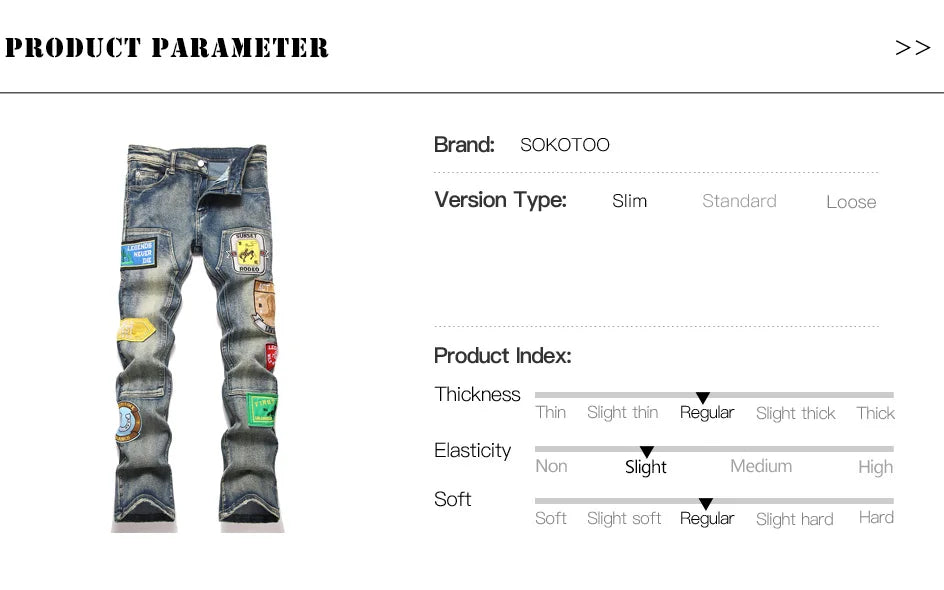 Men's Badge Patch Boot Cut Jeans Rivet Vintage Retro Blue Stretch Denim Pants Streetwear Slim Flared Trousers