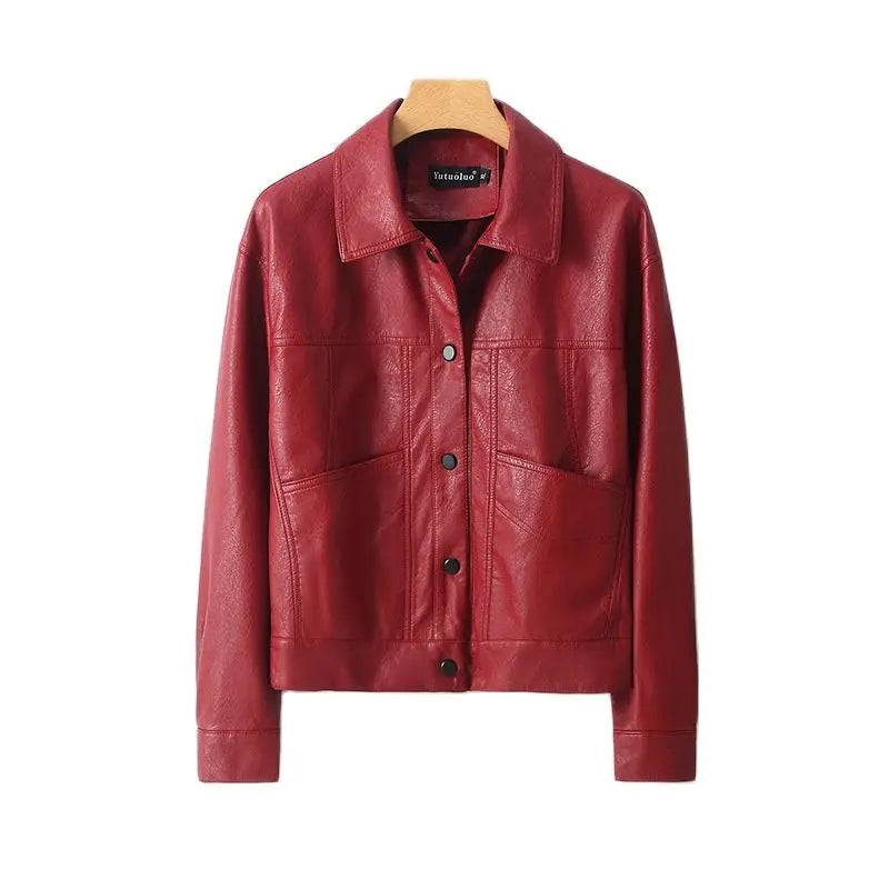 New Female Motorcycle Leather Jacket Spring and Autumn Women's Leather Lapel Button Slim Korean Version of Women's Coat