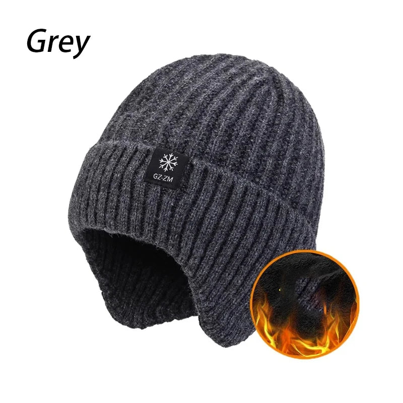 Men's Autumn/Winter Hat+Scarf Winter Warm Ear Protection Set Thick Knitted Wool Breathable Solid Color Hat