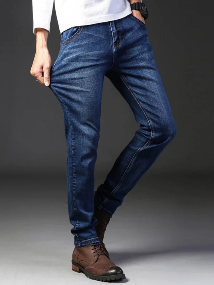 New Men Light Luxury Stretch Slim Fit Pants Comfortable Soft Business Fashion Straight Casual Denim Trousers Male Brand Clothing