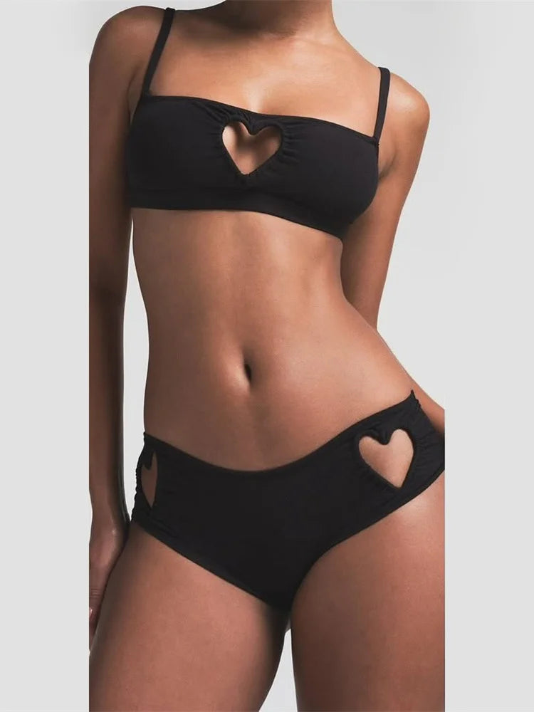 Nibber Sexy Heart Hollow 2 Piece Set Women Simple Vacation Camisole+Panties Beach Style Matching Stretch Street Comfortable Suit