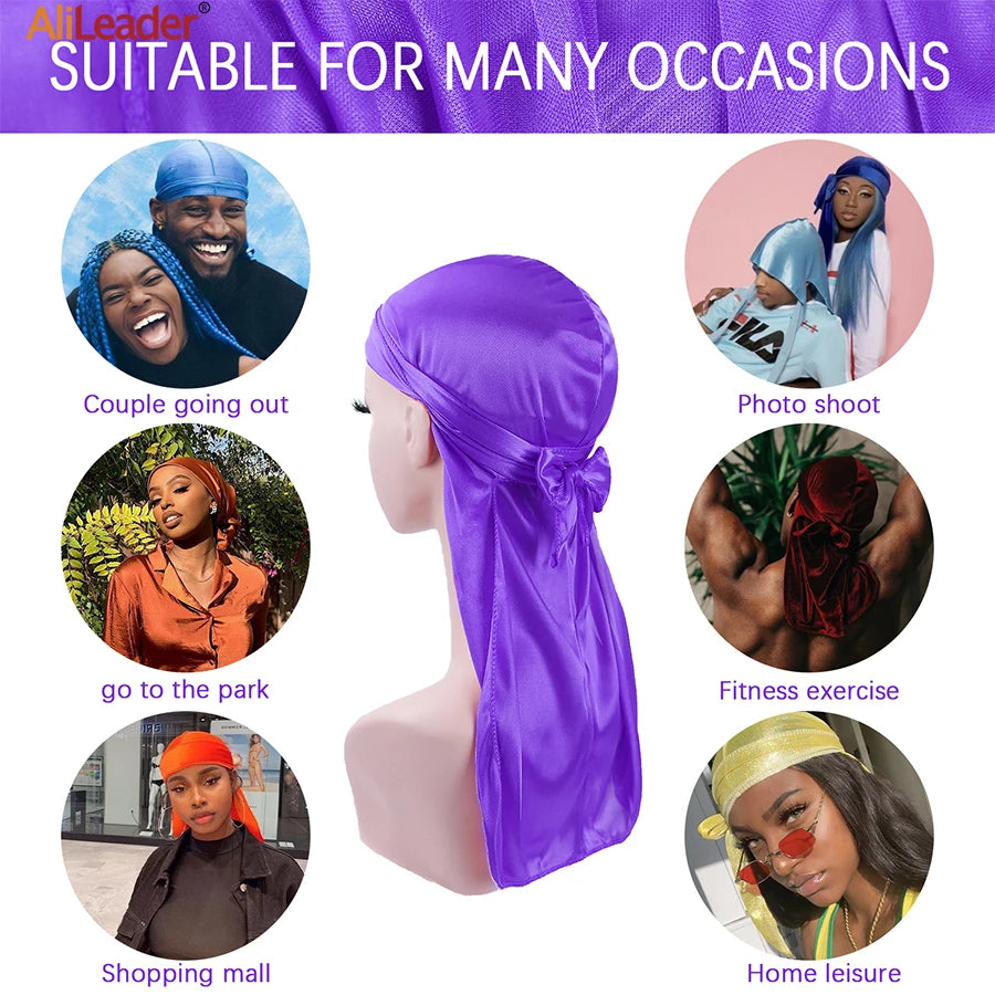 Unisex Seidige Durags Bandanas Turban Hut Perücken Doo Männer Satin Durag Biker Kopfbedeckung Stirnband Haar Zubehör Extra Lange Schwanz Du-Rag