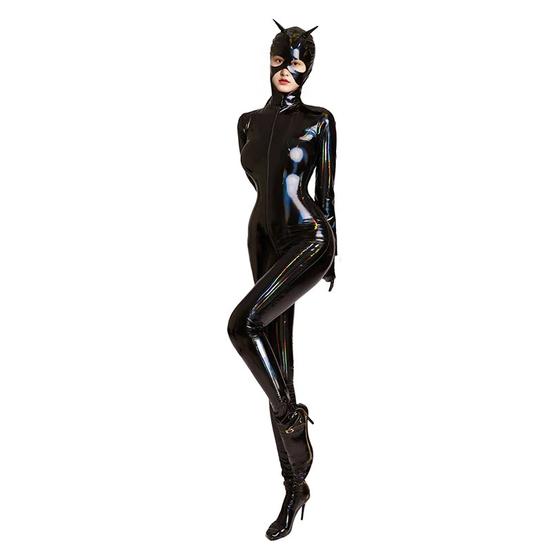 Adult Cat Girl Cosplay Costume Women Sexy Shiny Leather PU Zipper Open Crotch Bodysuit Tights One-piece Unitard Leotard Jumpsuit