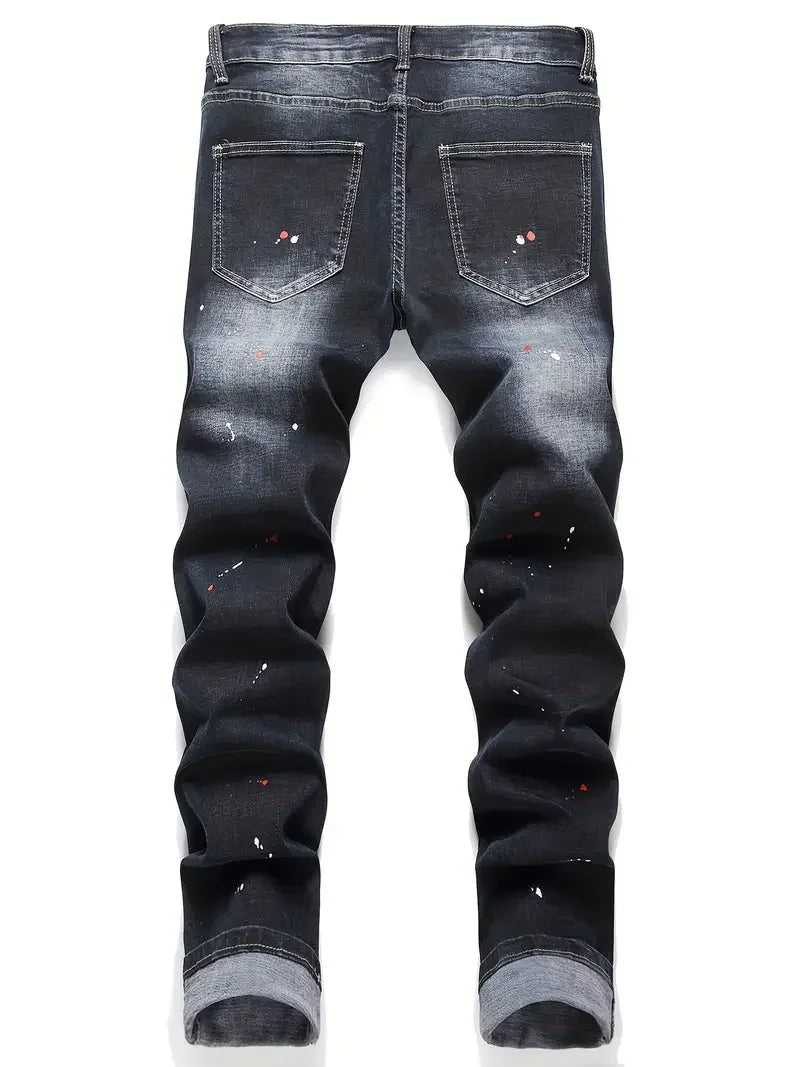 Men Y2K Stretchy Denim Jeans Ripped Skinny Letter Print Elastic Waist Casual Pants for Men Hole Slim Fit Denim Hip Hop Trousers