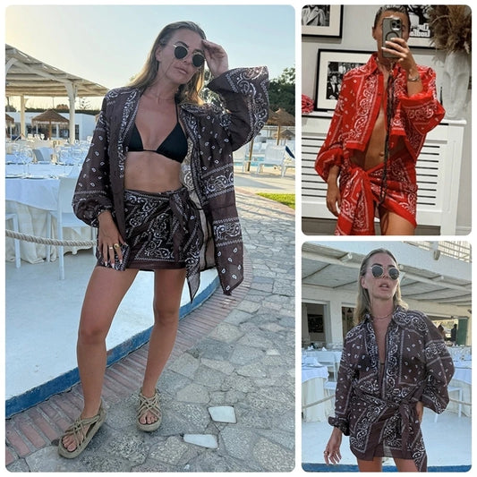 Bandana Print Cropped Shirt&Bottoms Set Button-Down Shirt Skirt/Pants Spring Boho Western Women Suit Holiday Casual Outfit