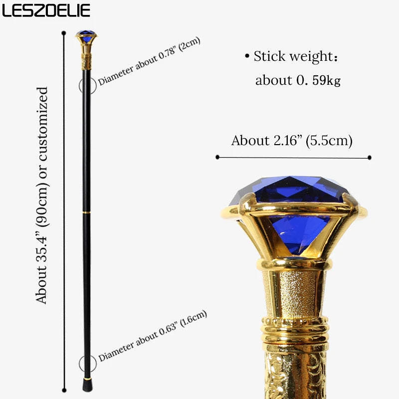 90cm Royal Blue Diamond Decorative Walking Stick with Gold Handle Fashionable Man And Woman Canes for Weddings And Holiday Decor
