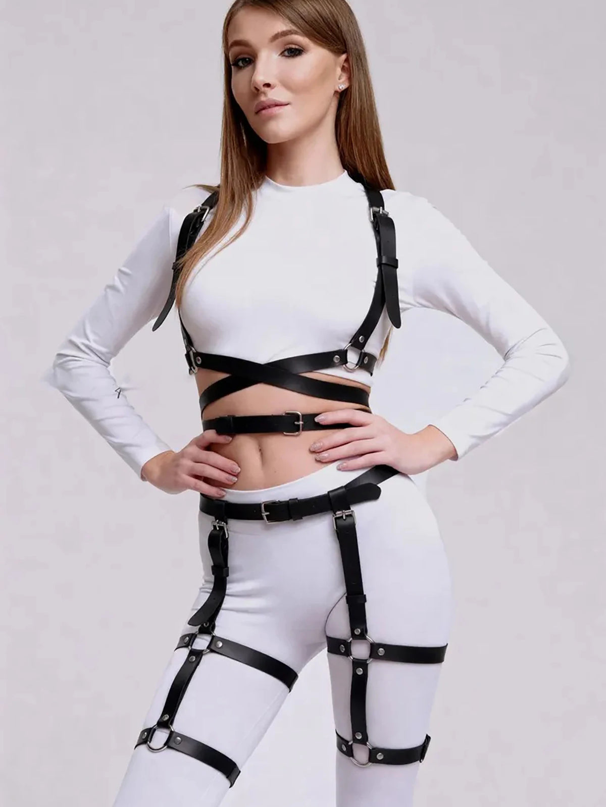Women Fashion Harness Waist Belt Set PU Leather Harness Waist Belt Body Harness Breast Leg Garter Belt Goth Clothing Accessory
