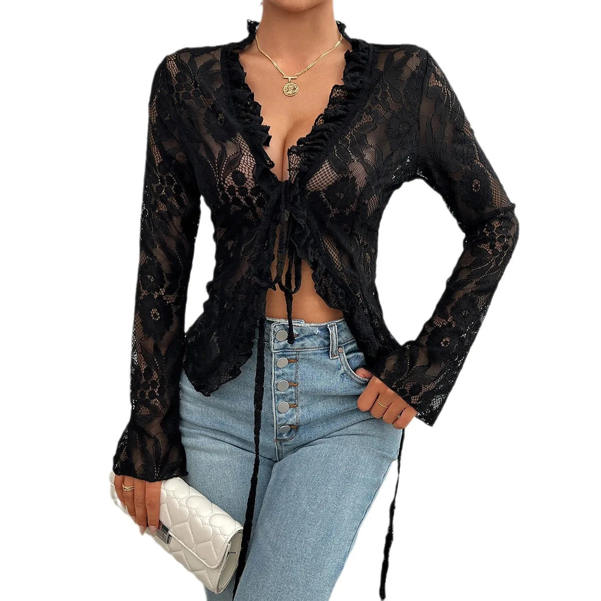 New Summer Sexy Slim Fit Long Sleeved Women Lace Top V-shaped Collar Flared Sleeves Long Sleeved Gauze Mesh Girls Club Clothing