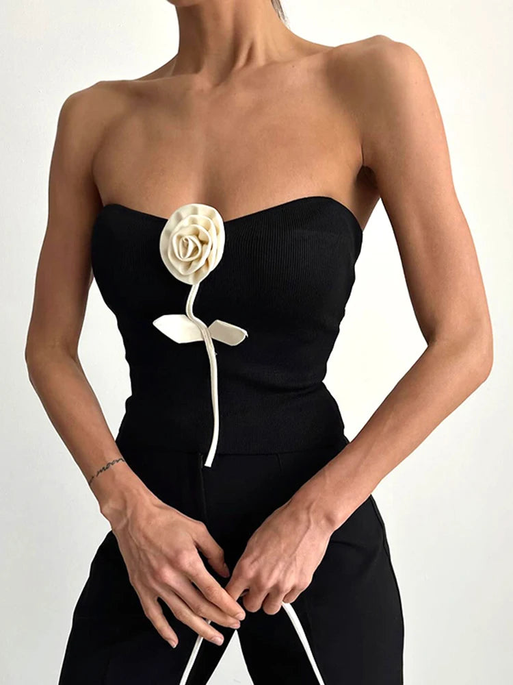 CUTENOVA Flower Tube Top Damen Crop Top Schlank Solide Elegante Casual Fashion Sommer Damen Ärmelloses Cropped Top Schlank Trägerlos