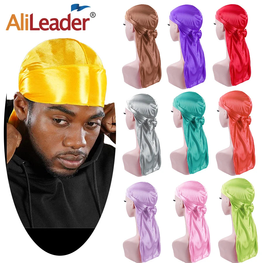 Unisex Seidige Durags Bandanas Turban Hut Perücken Doo Männer Satin Durag Biker Kopfbedeckung Stirnband Haar Zubehör Extra Lange Schwanz Du-Rag