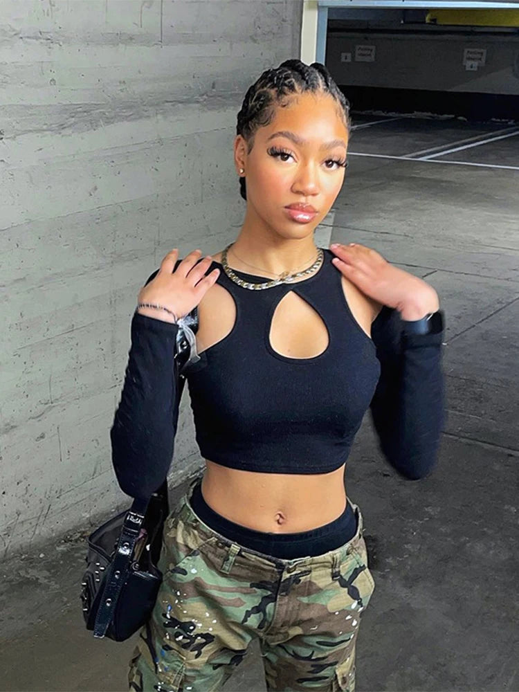 Summer Long Sleeve Cropped Corset Women Top Sexy Aesthetic Club O Neck Fairy Grunge Black Women's T-Shirt