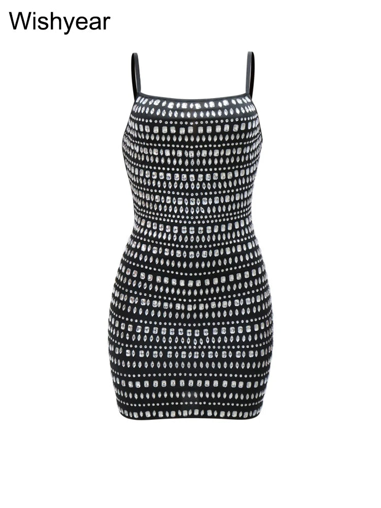 New Luxury Rhinestone Spaghetti Strap Apricot Bodycon Mini Dresses Women Sexy Sleeveless Backless Party Night Club Birthday Robe