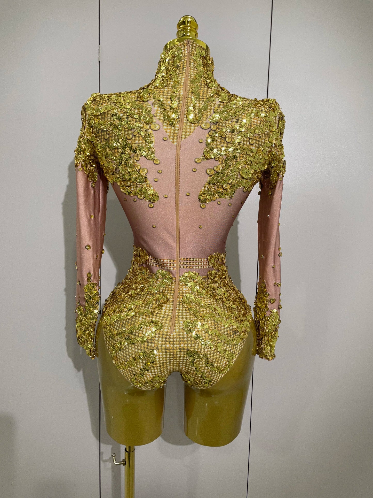 STOCK Sparkly Gold Silver Rhinestone Sequin Stretch Bodysuits Women Birthday Party Nightclub Dancer Stage Performance Costume