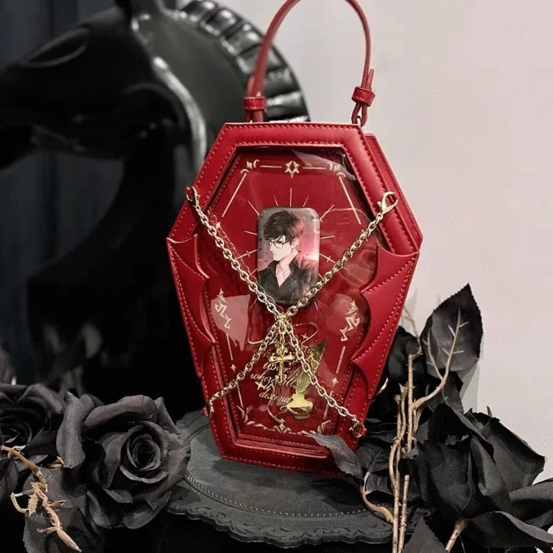 New Dark Gothic Lolita Halloween Handbag Pu Leather Chain Coffin Wings  Bag Sweet Vintage Medieval Witch Crossbody Bag