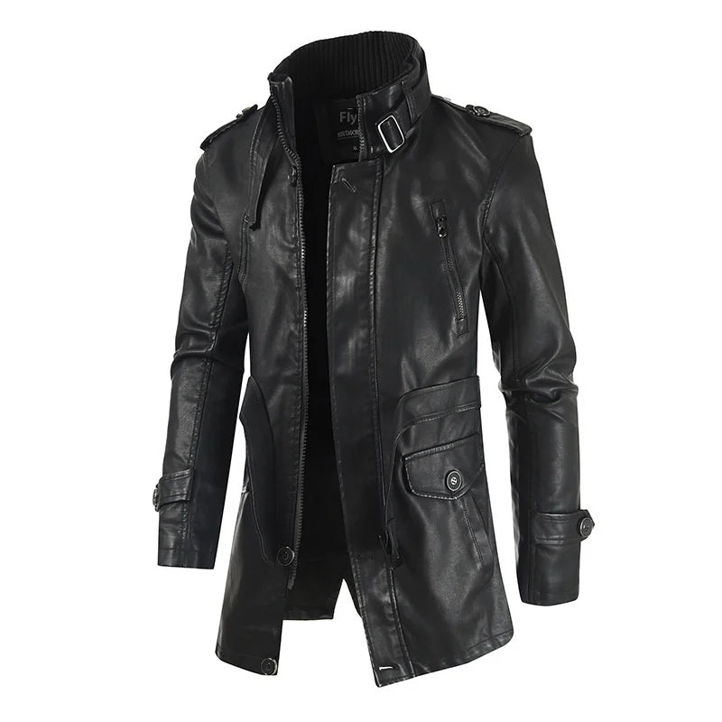 Men's Genuine Leather Jacket Winter Warm Thick Plush Lining Long Coat with Stand Collar Fashion Outerwear