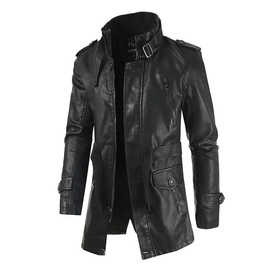 Men's Genuine Leather Jacket Winter Warm Thick Plush Lining Long Coat with Stand Collar Fashion Outerwear