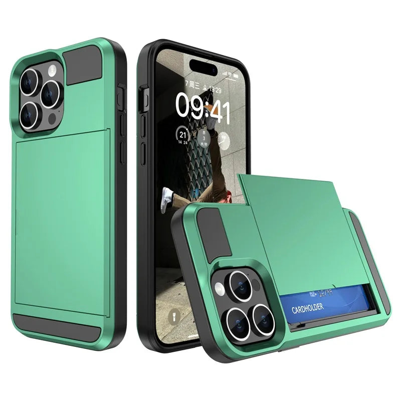 Phone Case for IPhone 16 15 14 Plus 13 12 11 Pro Max Wallet with Card Holder Slot Sliding Pocket Dual Layer Protective Cover