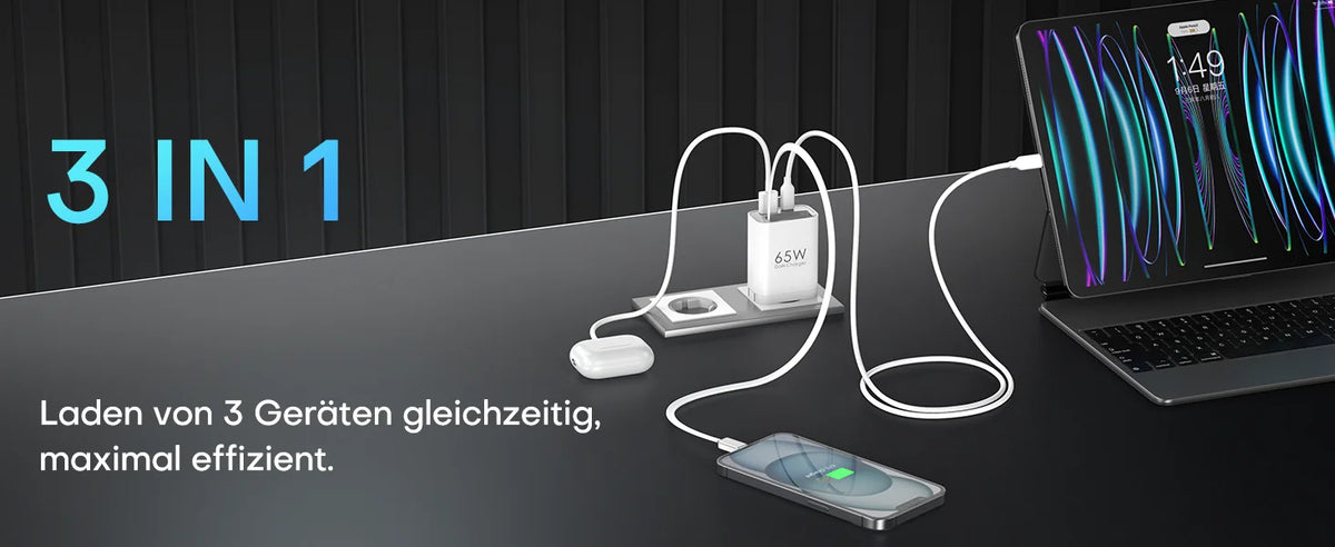 65W GaN PD3.1 Fast Charger With Retractable Cable , 3-Port Type-C + USB-A Travel Adapter For IPhone ,  Laptops, Galaxy Series
