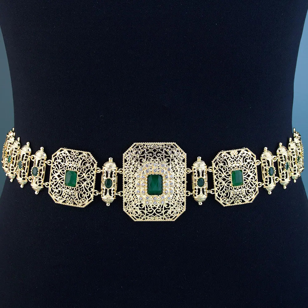 Sunspicems Gold Color Moroccan Caftan Belt Arabic Hand Rope Waist Chain Adjustable Length Women Belt Tassel Metal Body Jewelry