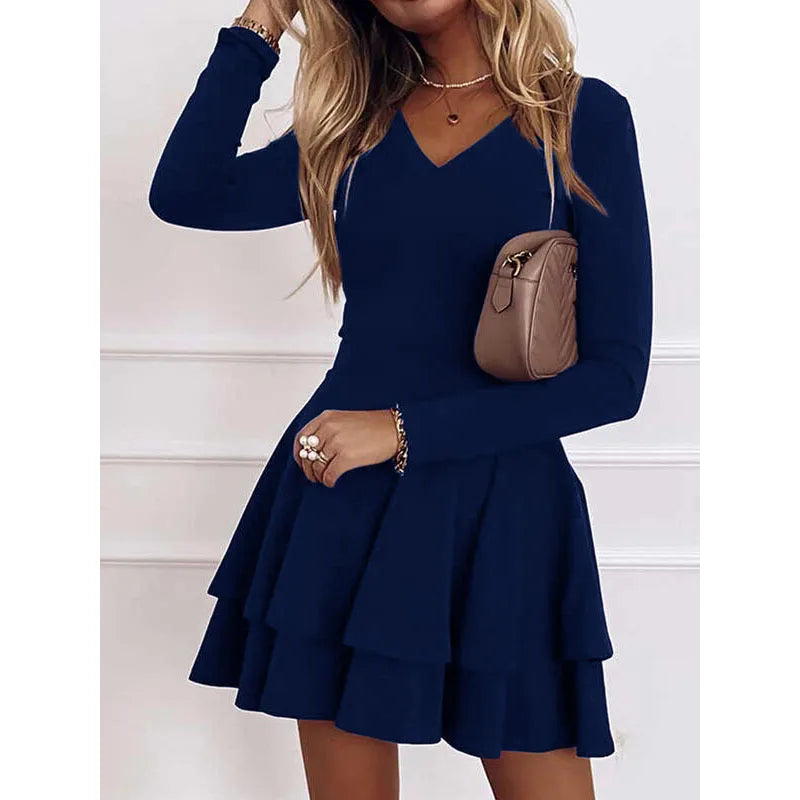 NEW Autumn V-Neck Solid Color Fashion Mid Waist Pullover Panel Bottom Fashion Versatile Style Long Sleeve Women's Dress