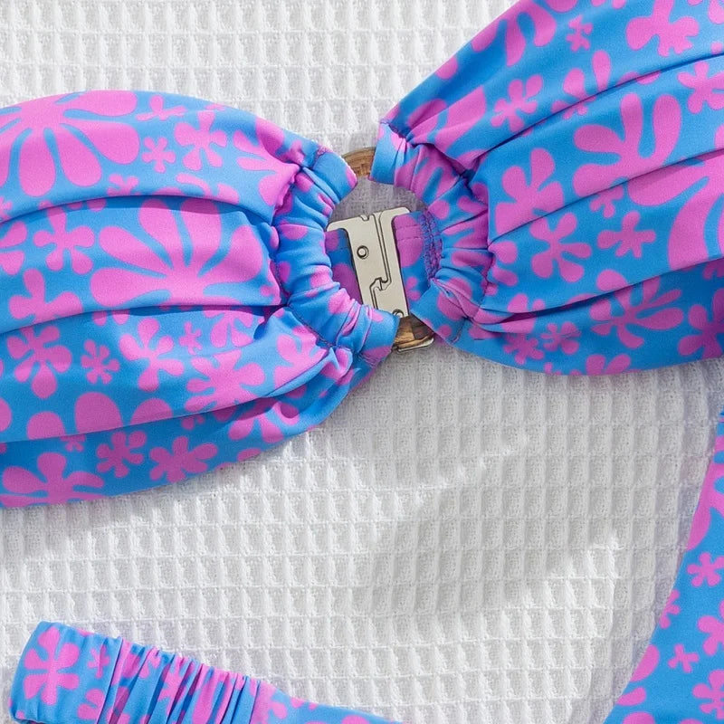 Micro Bikini Push Up Women Swimsuit Fashion Floral Pattern Split Bandeau Bikini Set Sexy Lady 2 Piece Bathing Suit Biquini