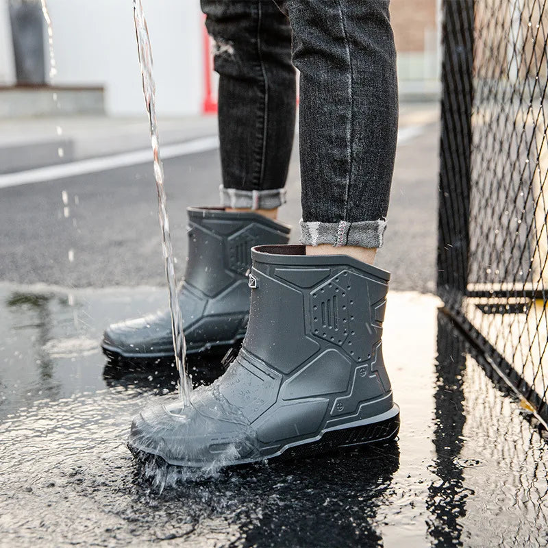 2024 Men Ankle Platform Rain Boots Spring New Fashion Nonslip Waterproof Shoes Solid Color Middle Barrel Rainboots Fishing Shoes