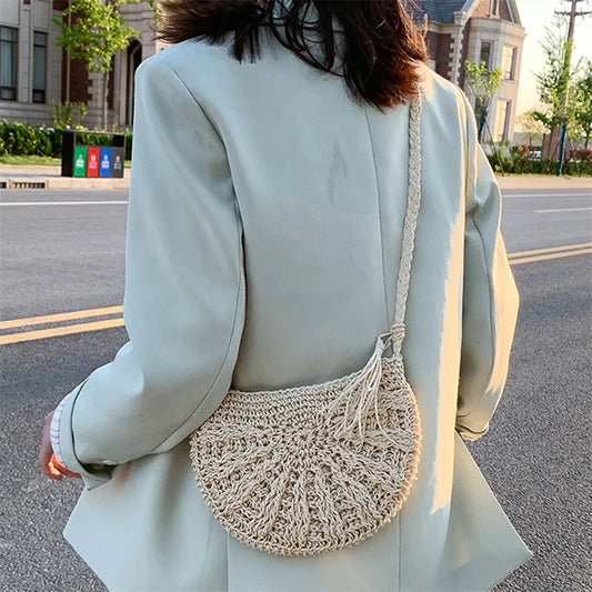 Half Round Straw Bags For Women Fashion Beach Rattan Bag DIY Handmade Woven Half Moon Crossbody Handbags Bohemia Hot Sale