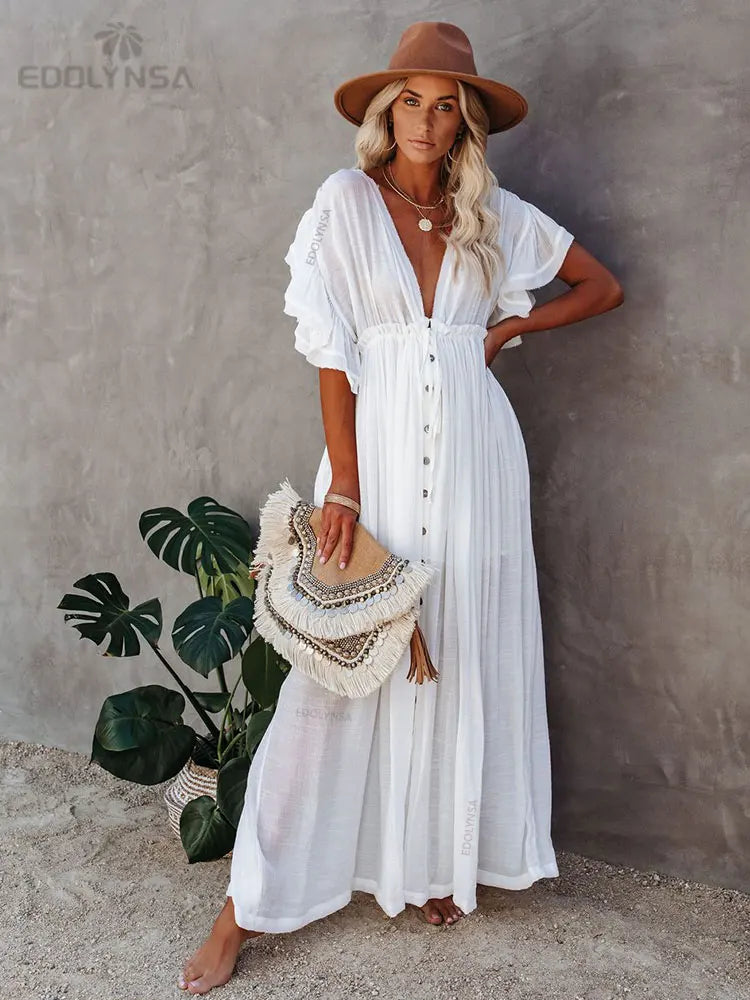 Sexy Deep V-neck Butterfly Sleeve Self Belted High Waist Button Front Open Summer Beach Dress WhiteTunic Women Beachwear Q1208