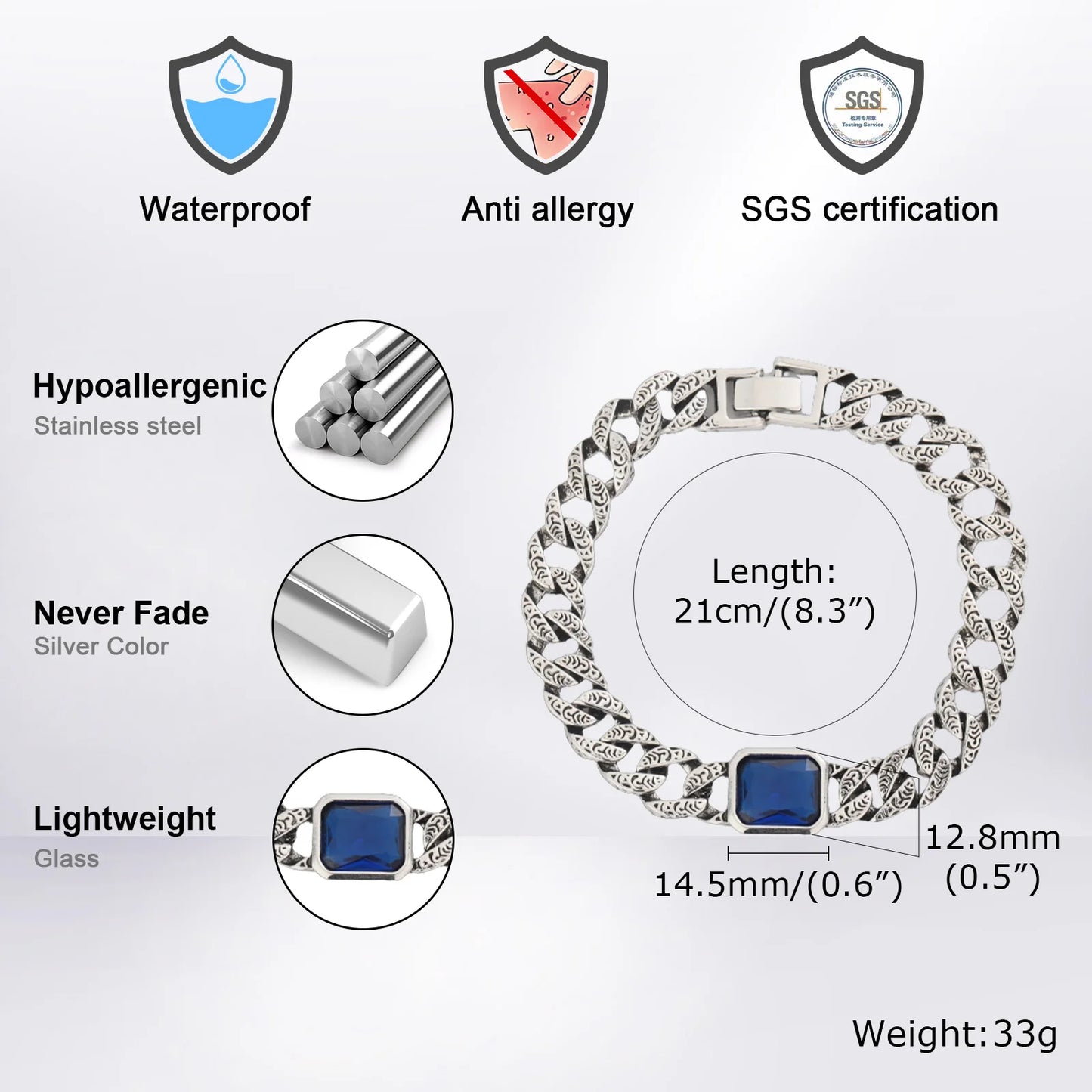 Chunky Cuban Chain Bracelets for Men Boys,Embossed Stainless Steel Chain Link Wristband with Blue Stone,Retro Jewelry Gift