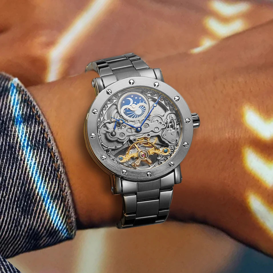 Luxury Brand GMT Time Zone Moon Phase Automatic Movement Man Watch Stainless Steel Skeleton Mechanical Waterproof Male Clockwork