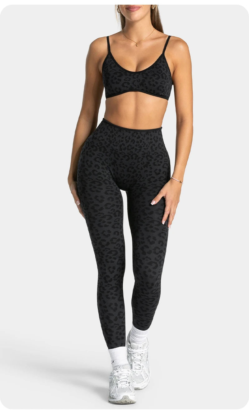 Women's Seamless Yoga Set Leopard Print Color Block Bra Top & Long Pants Workout Suit