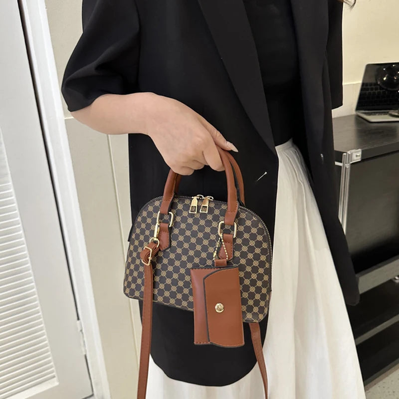Luxury Shell Fashion Women's Handbag Simple Shoulder Bag Plaid Print Crossbody Bag with Mini Purse
