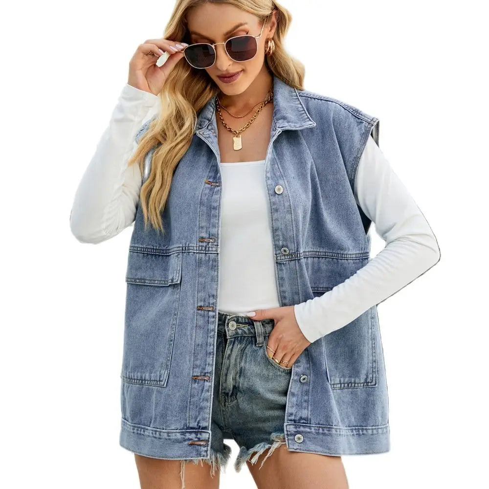 Summer New Fashion Loose Sleeveless Denim Vest For Women Casual Mid Length Jeans Jacket Coat Hot Selling Female Clothing
