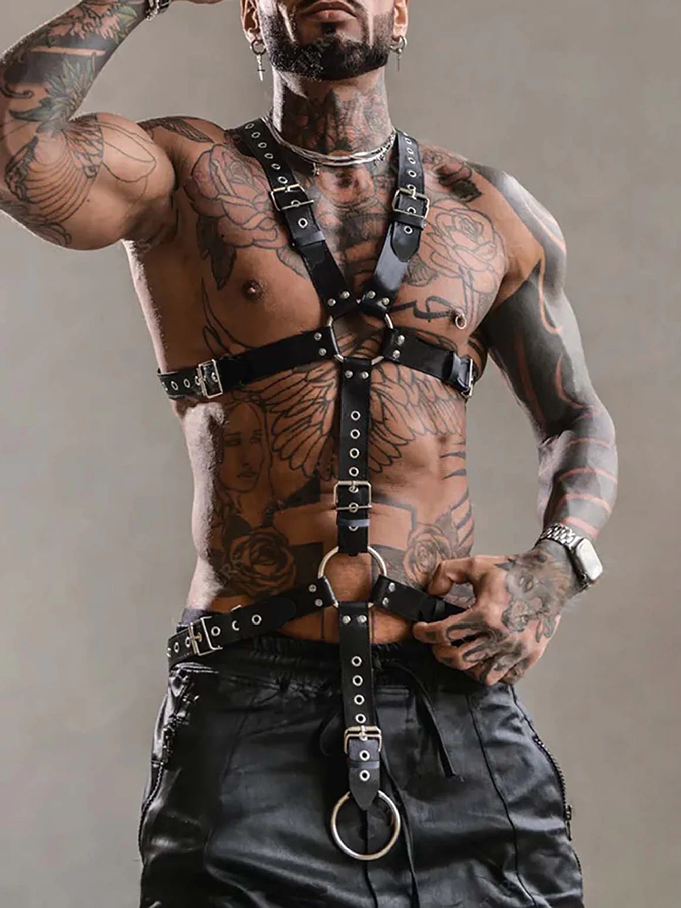 Men's Y-Shaped Black PU Suspender Dress, Suitable for Club Wear, Valentine's Day Gift, Carnival Attire.