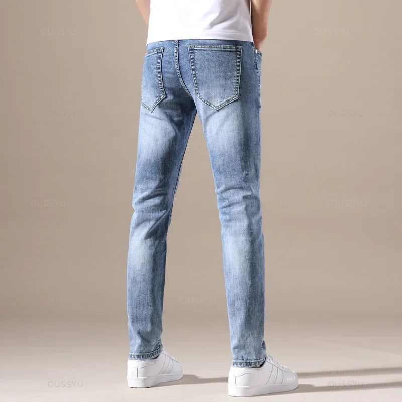 Clothing Jeans Men High Quality Stretch Light Blue Denim Fashion Pleated Retro Pocket Skinny Trousers Pants 28-40