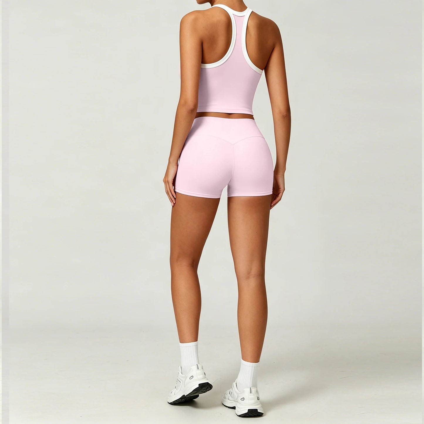 GYM 2 Piece Set Racerback Design+Shorts Women Sports Bra with Padded Yoga Halterneck Top High Waist Pant Summer Running Fitness