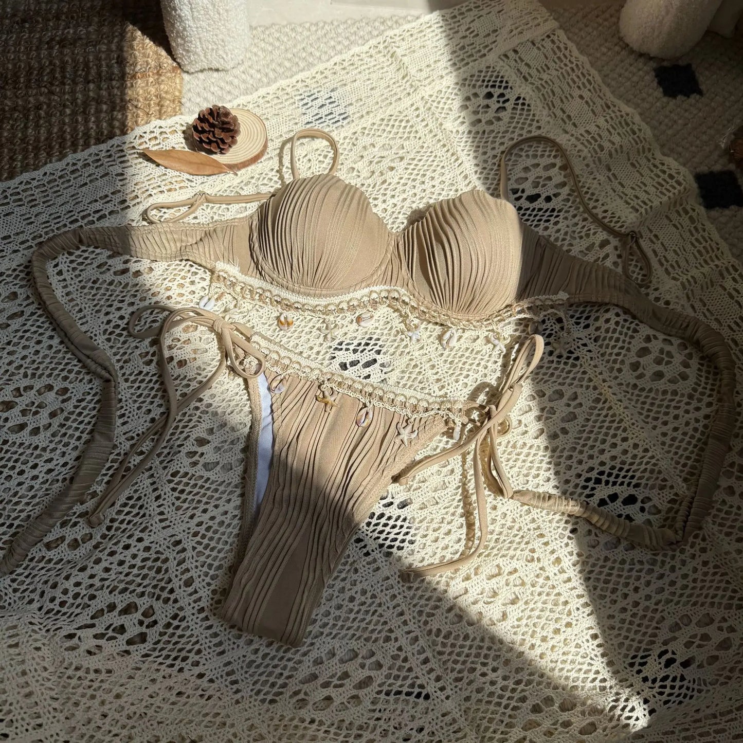 2025 new solid color shell petal hard bag split swimsuit swimsuit bikini