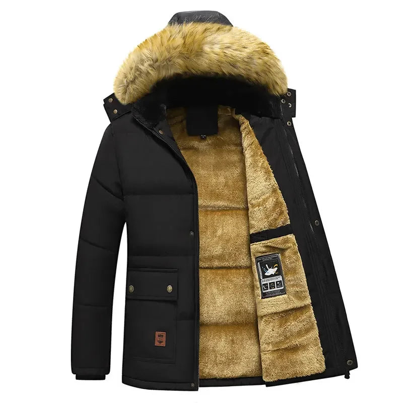 2024 neue Männer Winter Herbst Arbeit Outwearing Parka Schwarz Fleece Gefüttert Dicke Warme Mit Kapuze Pelz Kragen Mantel Männlichen Größe 5XL Plüsch jacke