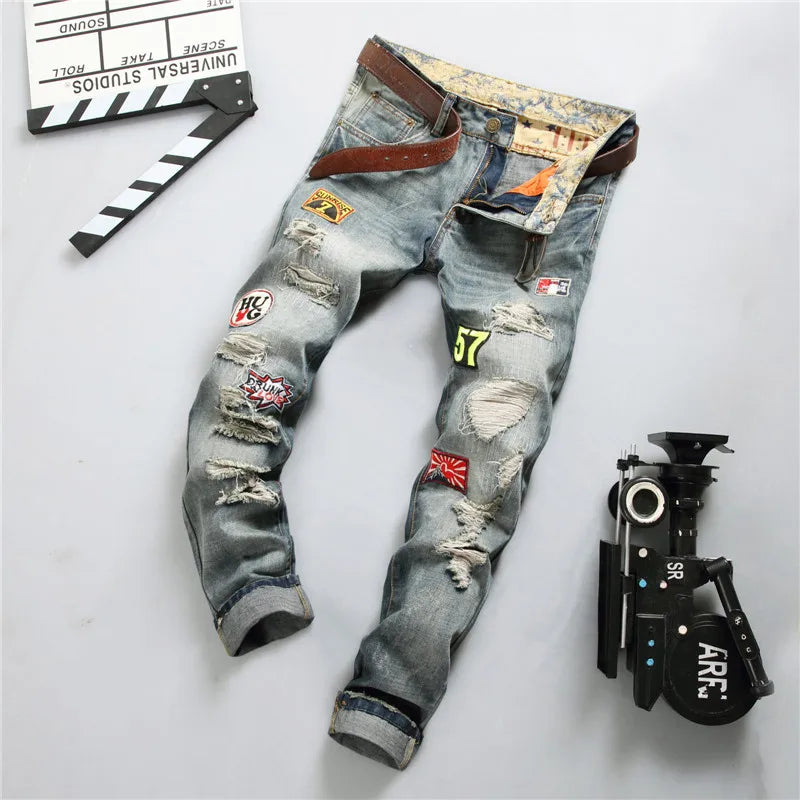 New Men's Hip Hop High Street Motorcycle Jeans Badge Distressed Ripped Denim Trousers Male Non-stretch Straight Slim Fit Jeans