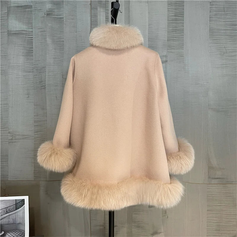 Fashion Natural Winter Fur Coat Real Fox Fur Collar Cashmere Wool Woolen Women Jacket Luxury Outwear New Ladies Female Coat