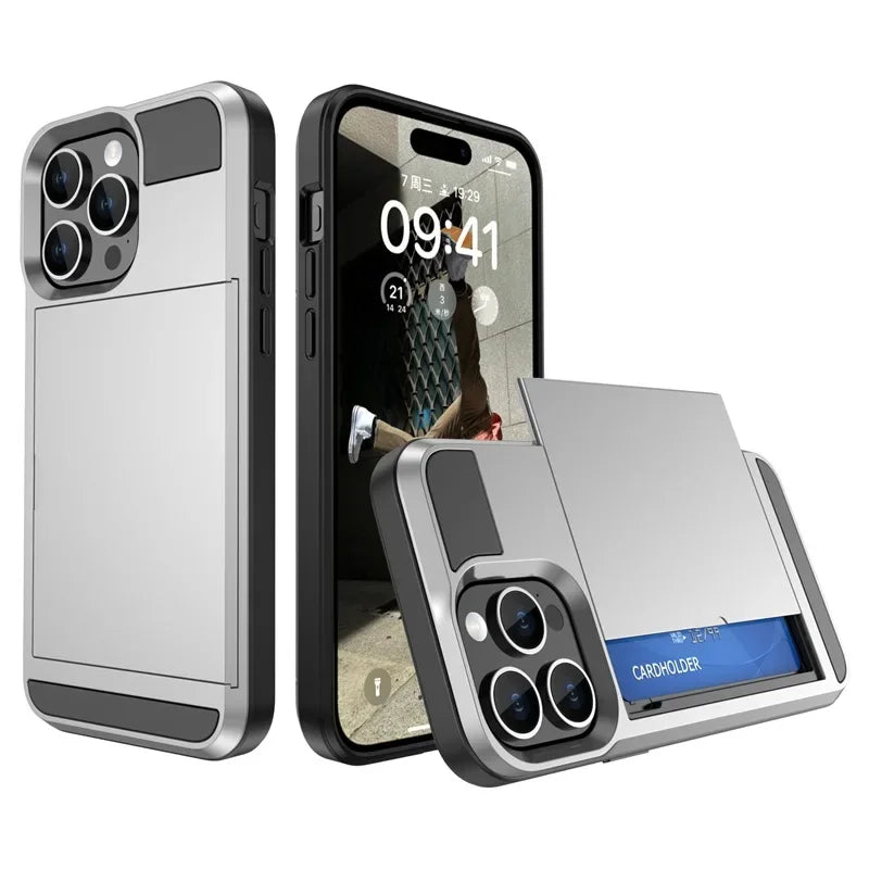Phone Case for IPhone 16 15 14 Plus 13 12 11 Pro Max Wallet with Card Holder Slot Sliding Pocket Dual Layer Protective Cover