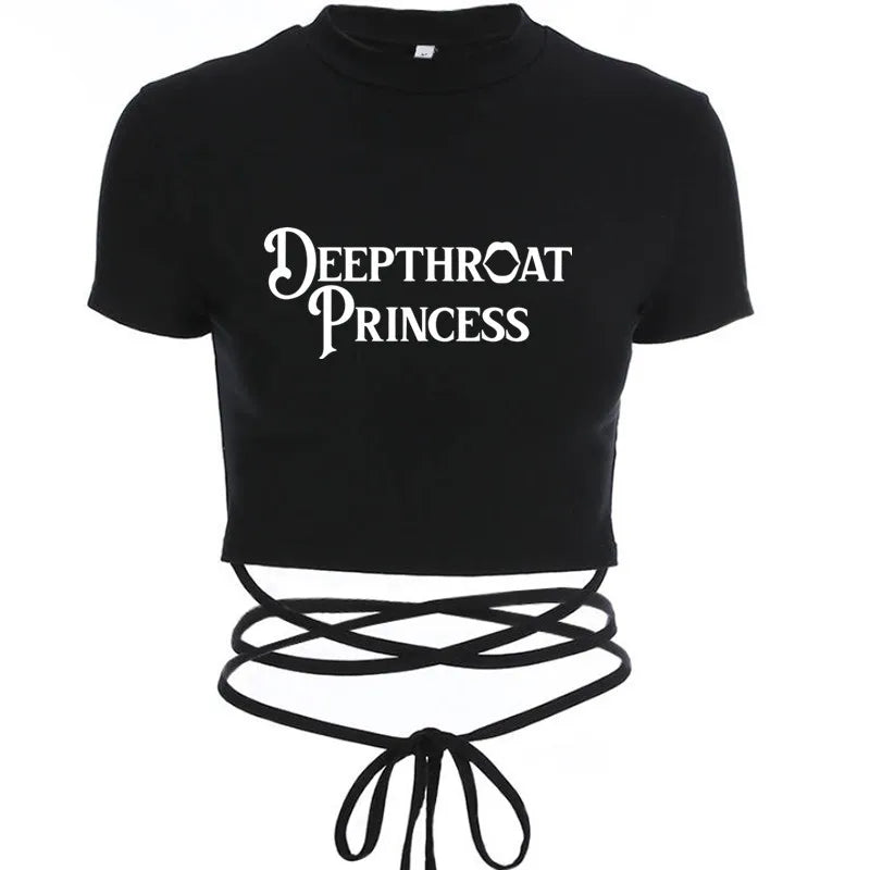 Deepthroat Princess Women Crop Top Black Short Bandage Tee Tops Girls Sexy TShirt Harajuku High Elasticity Tight Short Sleeves
