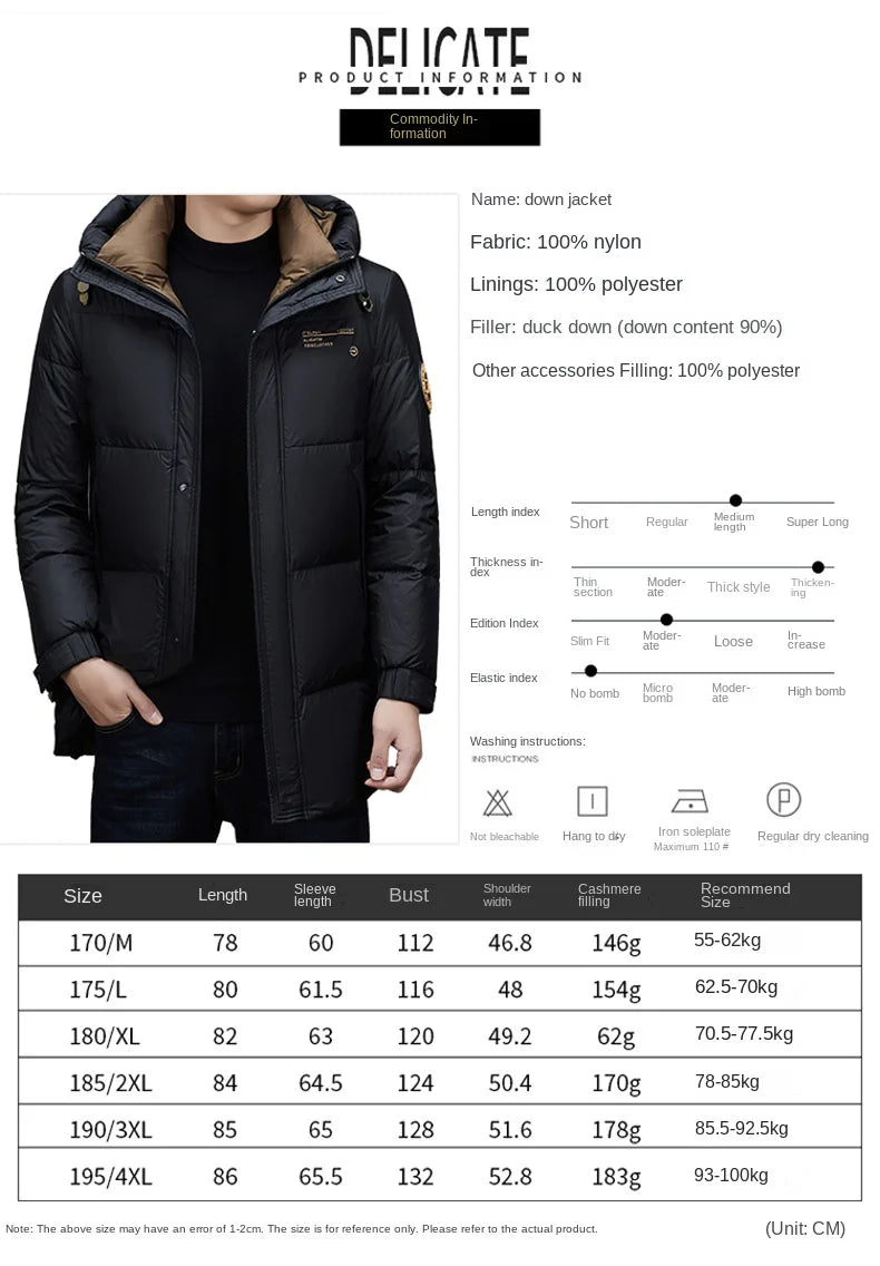 Leichte Luxus-Daunenjacke für Herren, lang, Winter 2024, trendig, 90 % weiße Entendaunen, warmer Mantel, Business-Casual-Mütze, leichte Daunenjacke