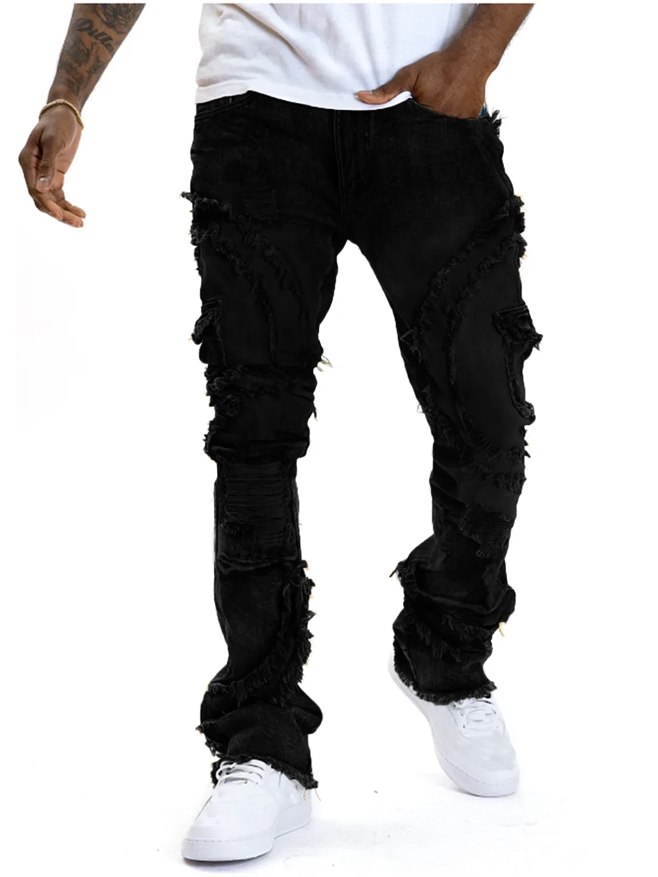 New Men Ripped Stacked Jeans Distressed Slim Fit Skinny Straight Leg Jeans Fashion Hip Hop Denim Pants Casual Streetwear