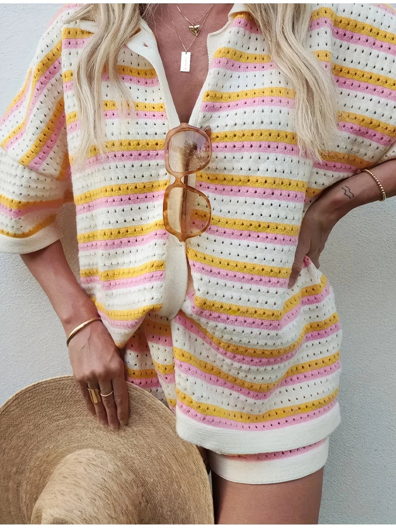 Fashion Color Blocked Knitted Hollow Out Bikini 3 Piece Casual Short Sleeve Coat&Mini Skirts Set Summer New Women's Beach Outfit