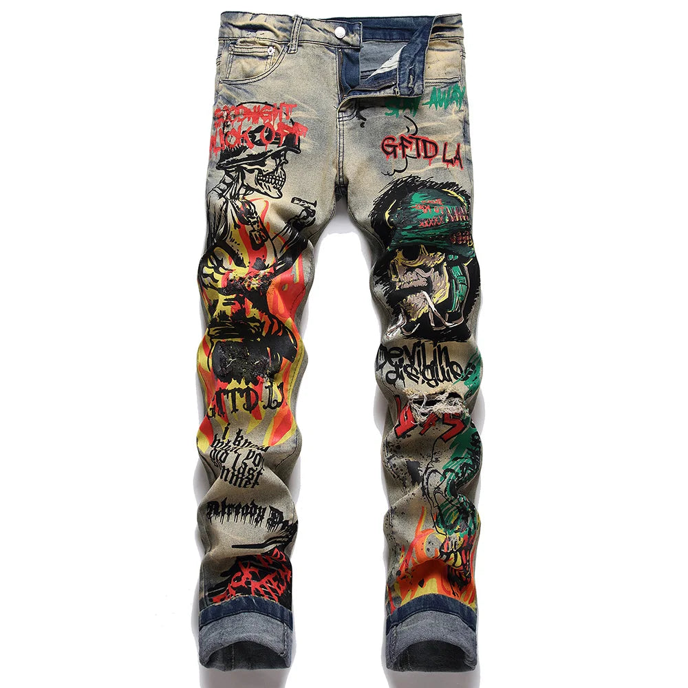 Herren Bedruckte Stretch-Jeans Streetwear Charakter Totenkopf Flamme Bemalte Hose Vintage Knöpfe Fly Schlanke zerrissene Hose