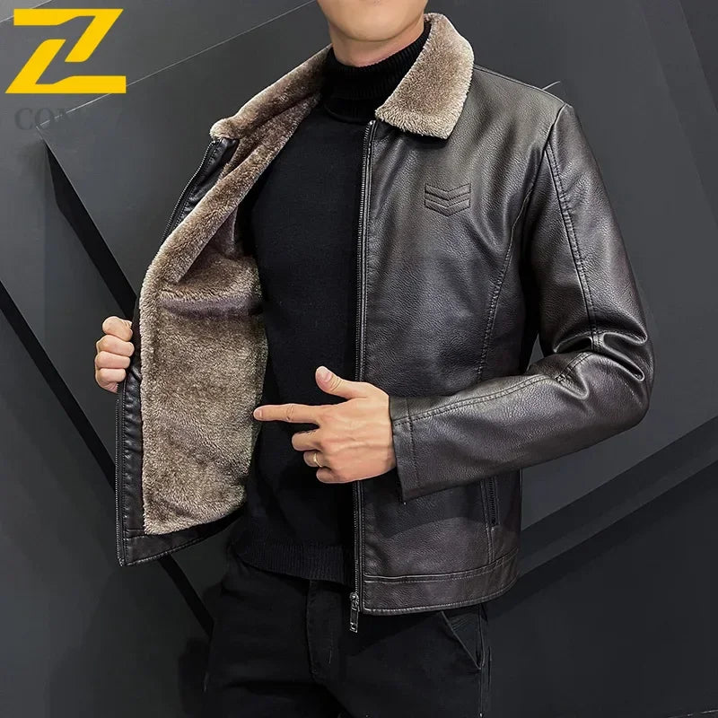 Winter Fashion Warmth Thickened Leather Jacket Lapel Solid Zipper Design Plus Size 4XL-M WorkCoat Men's Leather Jacket