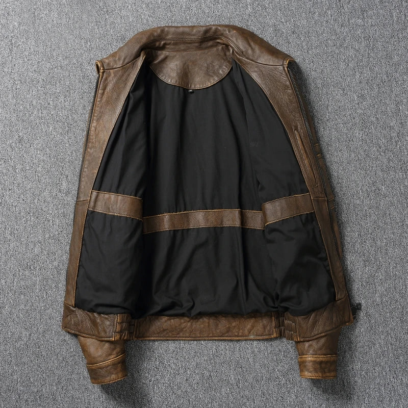 New Retro Top LayerPure Cowhide ort Bike Sle Leather Jaet Men AutumnCoat Authentic Leather Faion Urban Motorcycle Jaet